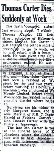 Newspaper article with the account of Thomas Carter's death. Woodstock Sentinel Review, May 1943.