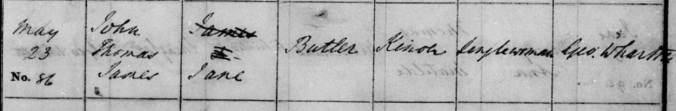 Baptismal Record of John Thomas James Butler 1858