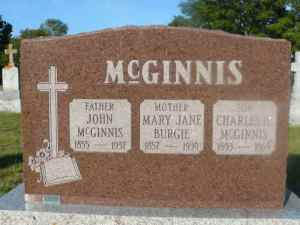 Headstone of John McGinnis, his wife Mary Jane, and his son Chares. St. Mary's Cemetery, Collingwood, Ontario