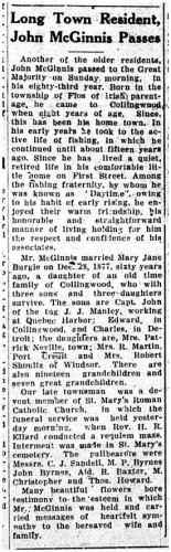 Obituary of John McGinnis (Collingwood Enterprise Bulletin 14 Oct 1937)